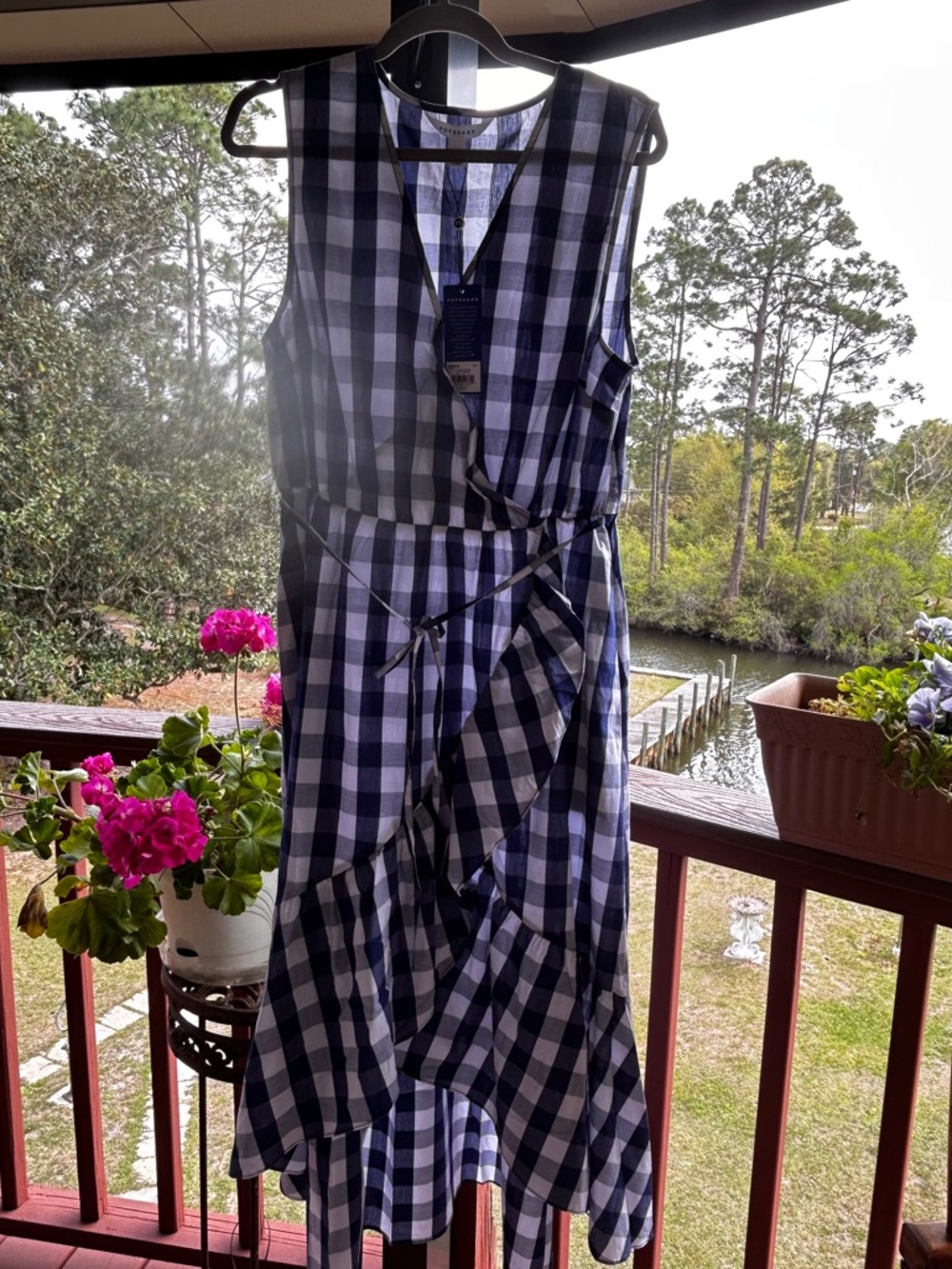 POPSUGAR Checkerboard Asymmetrical Ruffle Spring/Summer Dress Sz L NWT